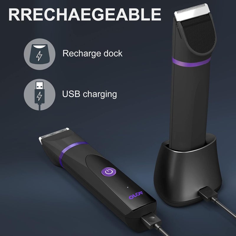 OLOV Electric Body Hair Trimmer - Groin Trimmer for Men - Bikini Trimmer Women - Wet/Dry Shaver Groomer, Replaceable Ceramic Blade Heads, USB Recharge Dock, Waterproof Hygiene Razor, Black Violet - Image 4